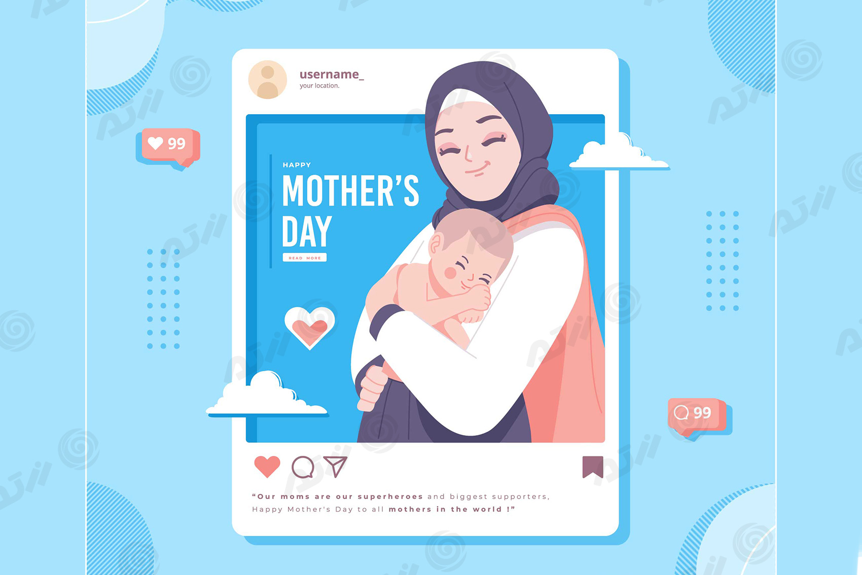 وکتور EPS مادر با حجاب اسلامی درحال در آغوش گرفتن نوزاد در قالب شبکه های اجتماعی ویژه روز مادر